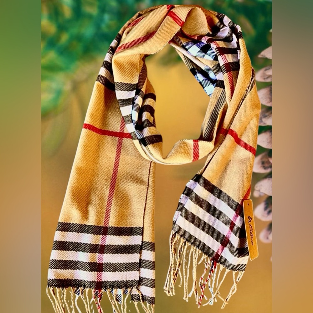 New w/Tags Elegant Plaid Scarf Unisex Tan, red, black & white